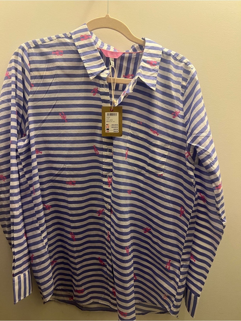 Joules Blue & White Striped Button-Down Top with Pink Accent